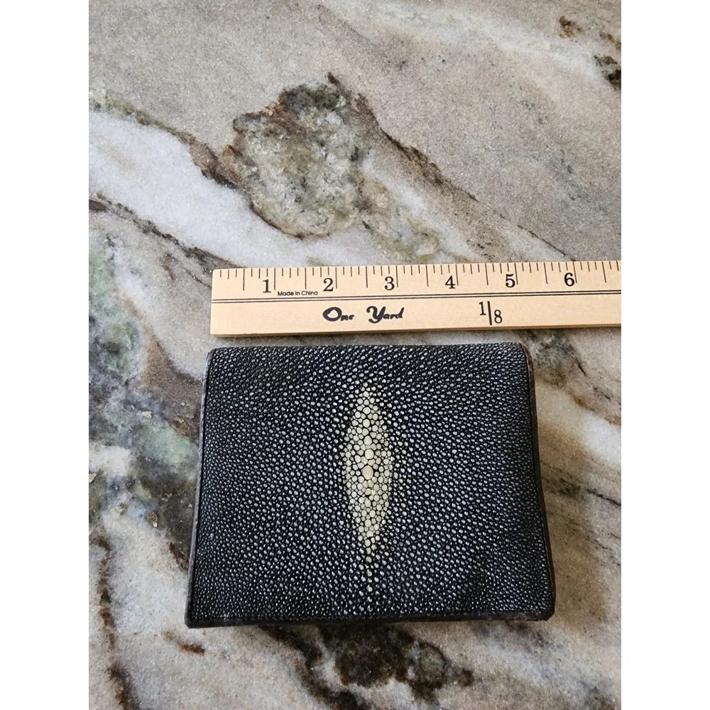 Mizuho Mens Black Genuine Stingray Skin Trifold Wallet White Pearl Eye Exotic